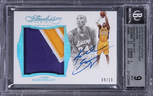 2015-16 Panini Flawless "Star Swatch Signatures" Sapphire #SRKB Kobe Bryant Signed Patch Card (#09/10) - BGS MINT 9/BGS 10 